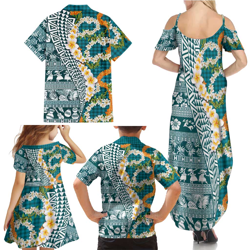 Hawaiian Plumeria Lei Family Matching Summer Maxi Dress and Hawaiian Shirt Kakau Motifs and Palaka Half Style Turquoise Color LT03 - Polynesian Pride