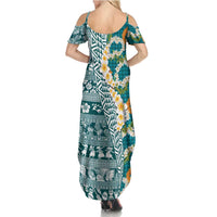 Hawaiian Plumeria Lei Family Matching Summer Maxi Dress and Hawaiian Shirt Kakau Motifs and Palaka Half Style Turquoise Color LT03 - Polynesian Pride