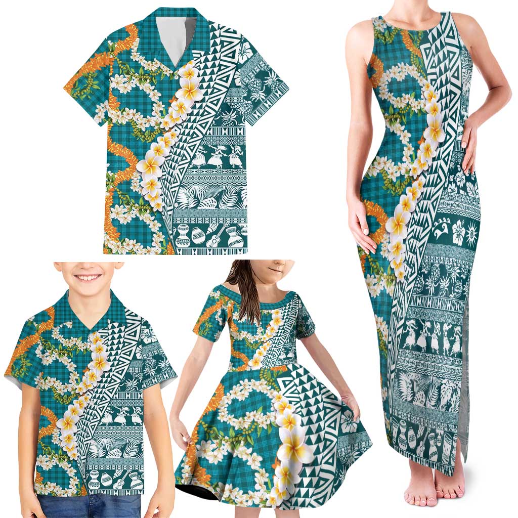 Hawaiian Plumeria Lei Family Matching Tank Maxi Dress and Hawaiian Shirt Kakau Motifs and Palaka Half Style Turquoise Color - Polynesian Pride