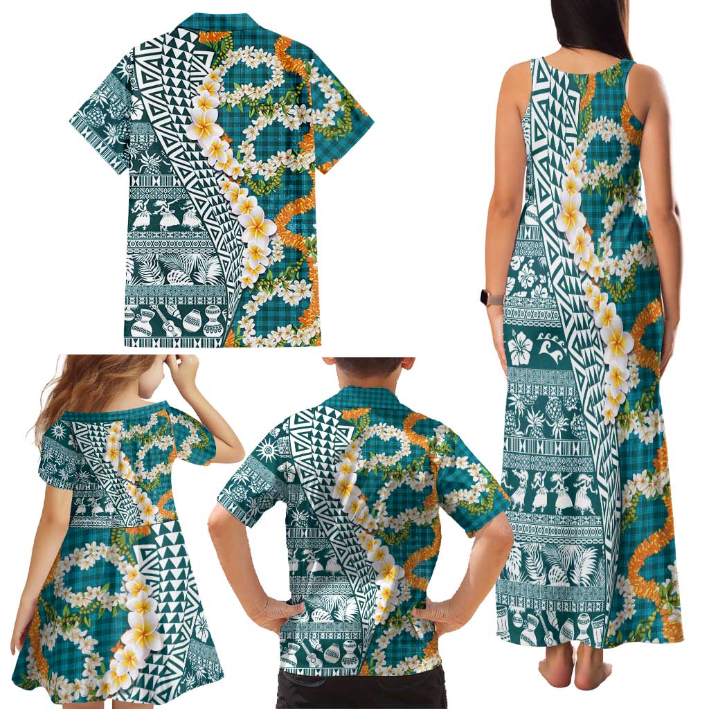 Hawaiian Plumeria Lei Family Matching Tank Maxi Dress and Hawaiian Shirt Kakau Motifs and Palaka Half Style Turquoise Color LT03 - Polynesian Pride
