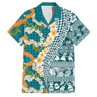 Hawaiian Plumeria Lei Family Matching Tank Maxi Dress and Hawaiian Shirt Kakau Motifs and Palaka Half Style Turquoise Color LT03 Dad's Shirt - Short Sleeve Turquoise - Polynesian Pride