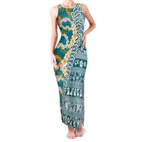 Hawaiian Plumeria Lei Family Matching Tank Maxi Dress and Hawaiian Shirt Kakau Motifs and Palaka Half Style Turquoise Color LT03 Mom's Dress Turquoise - Polynesian Pride