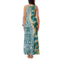 Hawaiian Plumeria Lei Family Matching Tank Maxi Dress and Hawaiian Shirt Kakau Motifs and Palaka Half Style Turquoise Color LT03 - Polynesian Pride