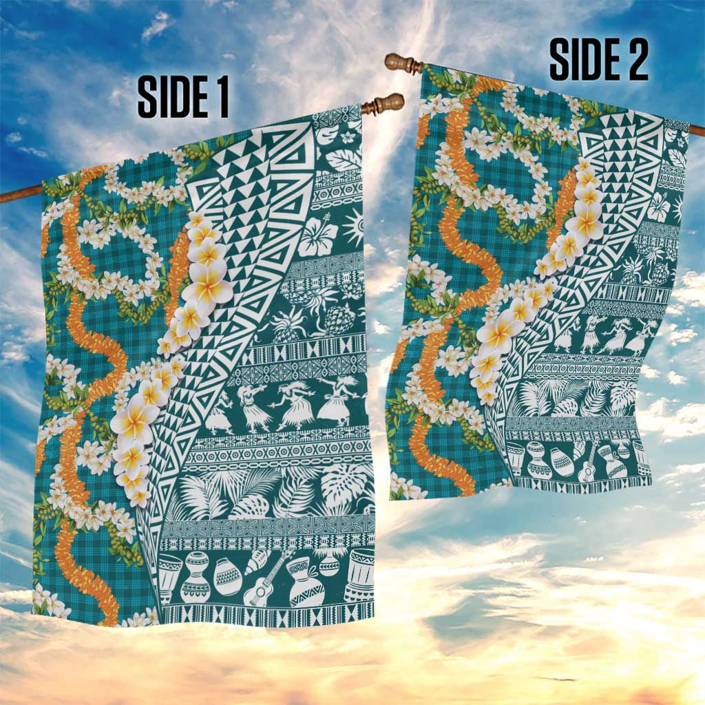 Hawaiian Plumeria Lei Garden Flag Kakau Motifs and Palaka Half Style Turquoise Color LT03 - Polynesian Pride