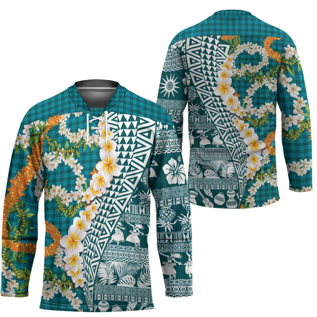 Hawaiian Plumeria Lei Hockey Jersey Kakau Motifs and Palaka Half Style Turquoise Color - Polynesian Pride