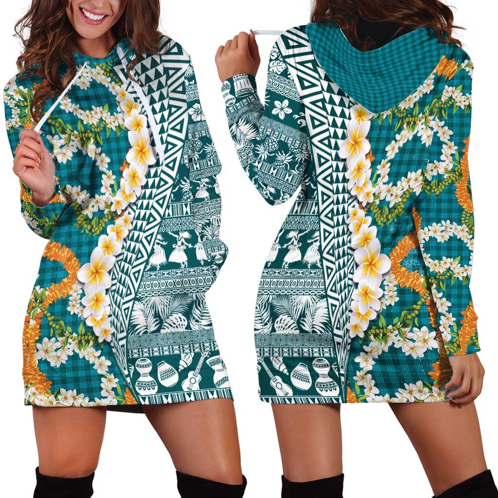Hawaiian Plumeria Lei Hoodie Dress Kakau Motifs and Palaka Half Style Turquoise Color LT03 - Polynesian Pride