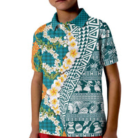Hawaiian Plumeria Lei Kid Polo Shirt Kakau Motifs and Palaka Half Style Turquoise Color - Polynesian Pride