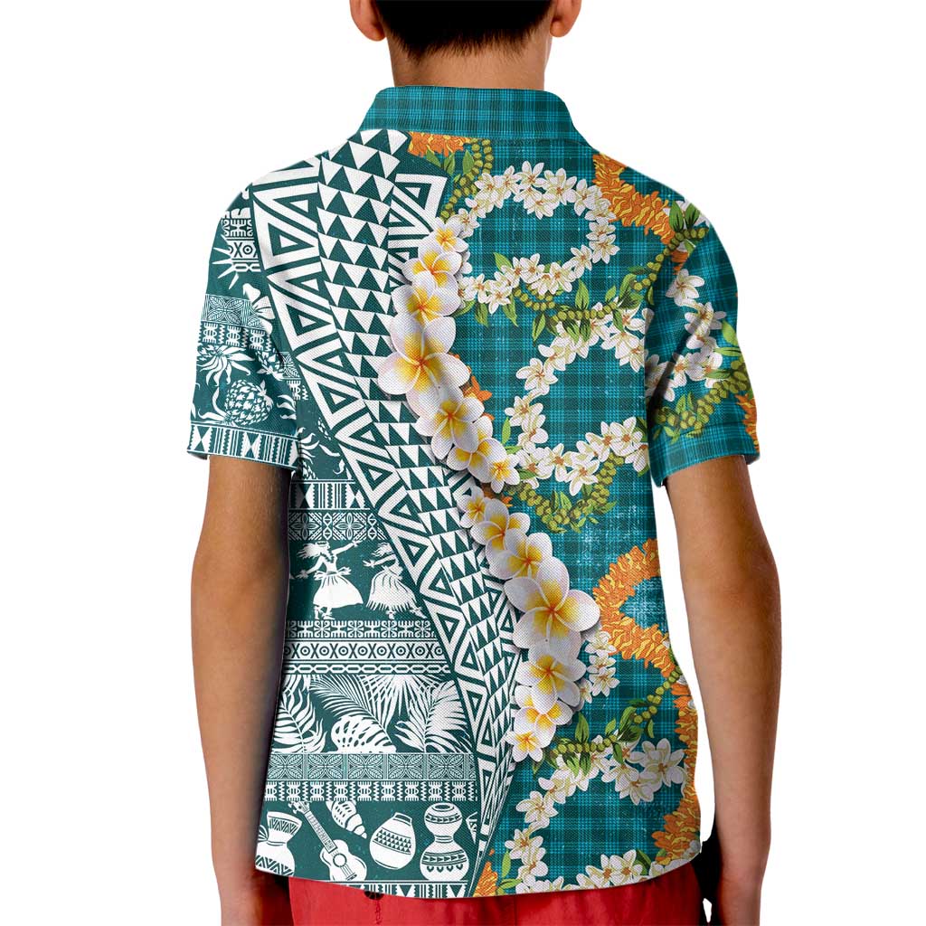 Hawaiian Plumeria Lei Kid Polo Shirt Kakau Motifs and Palaka Half Style Turquoise Color - Polynesian Pride