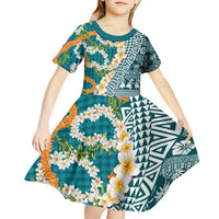 Hawaiian Plumeria Lei Kid Short Sleeve Dress Kakau Motifs and Palaka Half Style Turquoise Color LT03 - Polynesian Pride