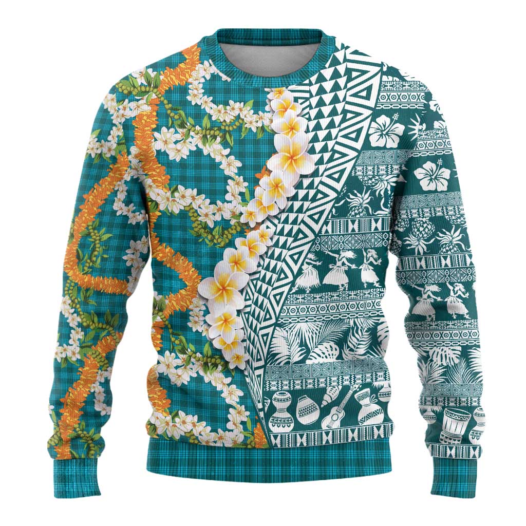 Hawaiian Plumeria Lei Ugly Christmas Sweater Kakau Motifs and Palaka Half Style Turquoise Color LT03 - Polynesian Pride