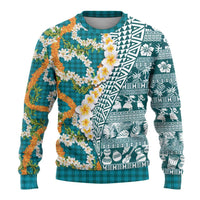 Hawaiian Plumeria Lei Ugly Christmas Sweater Kakau Motifs and Palaka Half Style Turquoise Color LT03 - Polynesian Pride