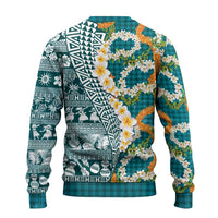 Hawaiian Plumeria Lei Ugly Christmas Sweater Kakau Motifs and Palaka Half Style Turquoise Color LT03 - Polynesian Pride