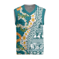 Hawaiian Plumeria Lei Christmas Knitted V-Neck Vest Kakau Motifs and Palaka Half Style Turquoise Color LT03 Turquoise - Polynesian Pride