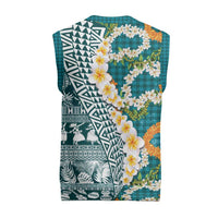 Hawaiian Plumeria Lei Christmas Knitted V-Neck Vest Kakau Motifs and Palaka Half Style Turquoise Color LT03 - Polynesian Pride