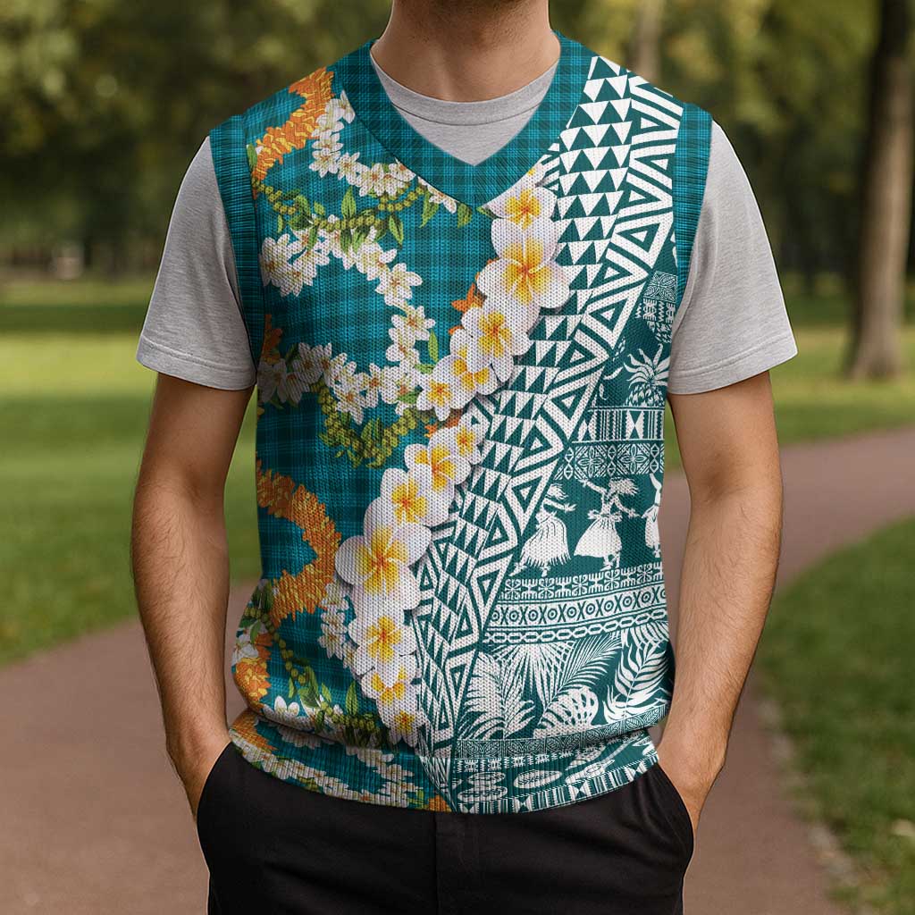 Hawaiian Plumeria Lei Christmas Knitted V-Neck Vest Kakau Motifs and Palaka Half Style Turquoise Color LT03 - Polynesian Pride