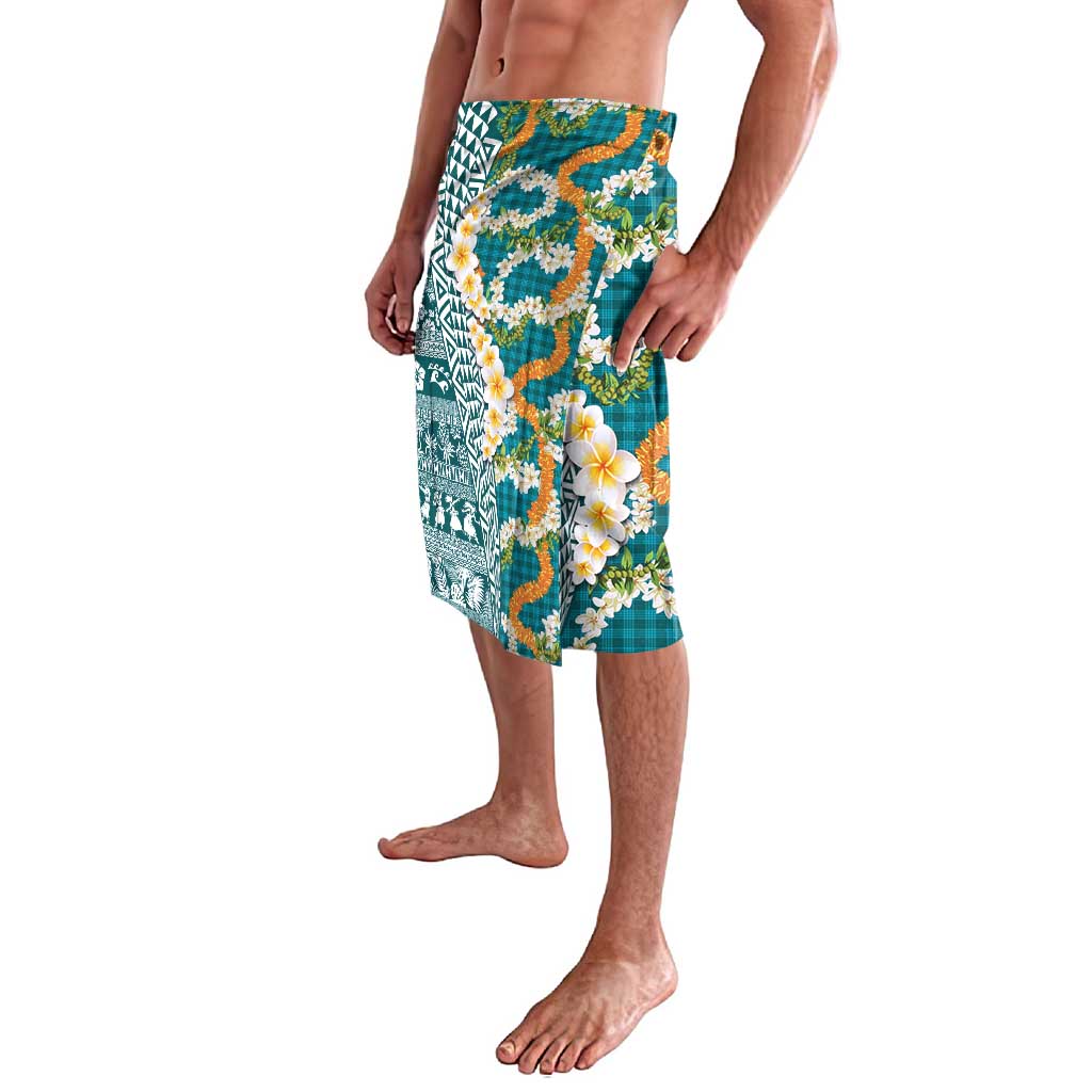 Hawaiian Plumeria Lei Lavalava Kakau Motifs and Palaka Half Style Turquoise Color - Polynesian Pride