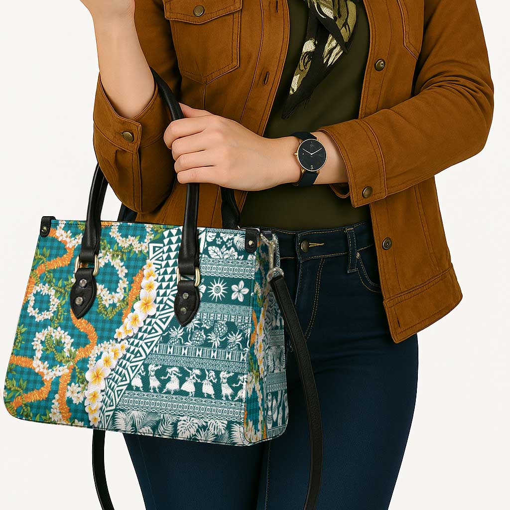 Hawaiian Plumeria Lei Leather Bag Kakau Motifs and Palaka Half Style Turquoise Color - Polynesian Pride