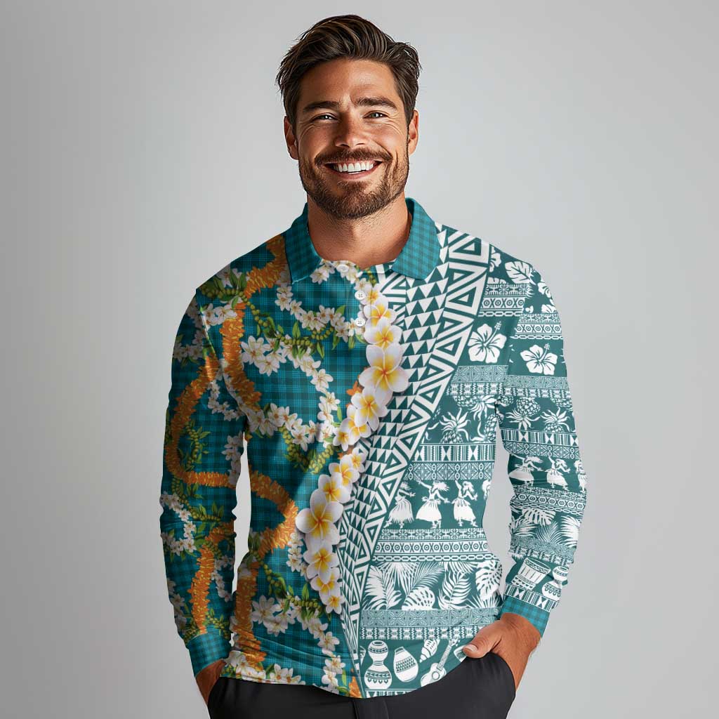 Hawaiian Plumeria Lei Long Sleeve Polo Shirt Kakau Motifs and Palaka Half Style Turquoise Color LT03 - Polynesian Pride