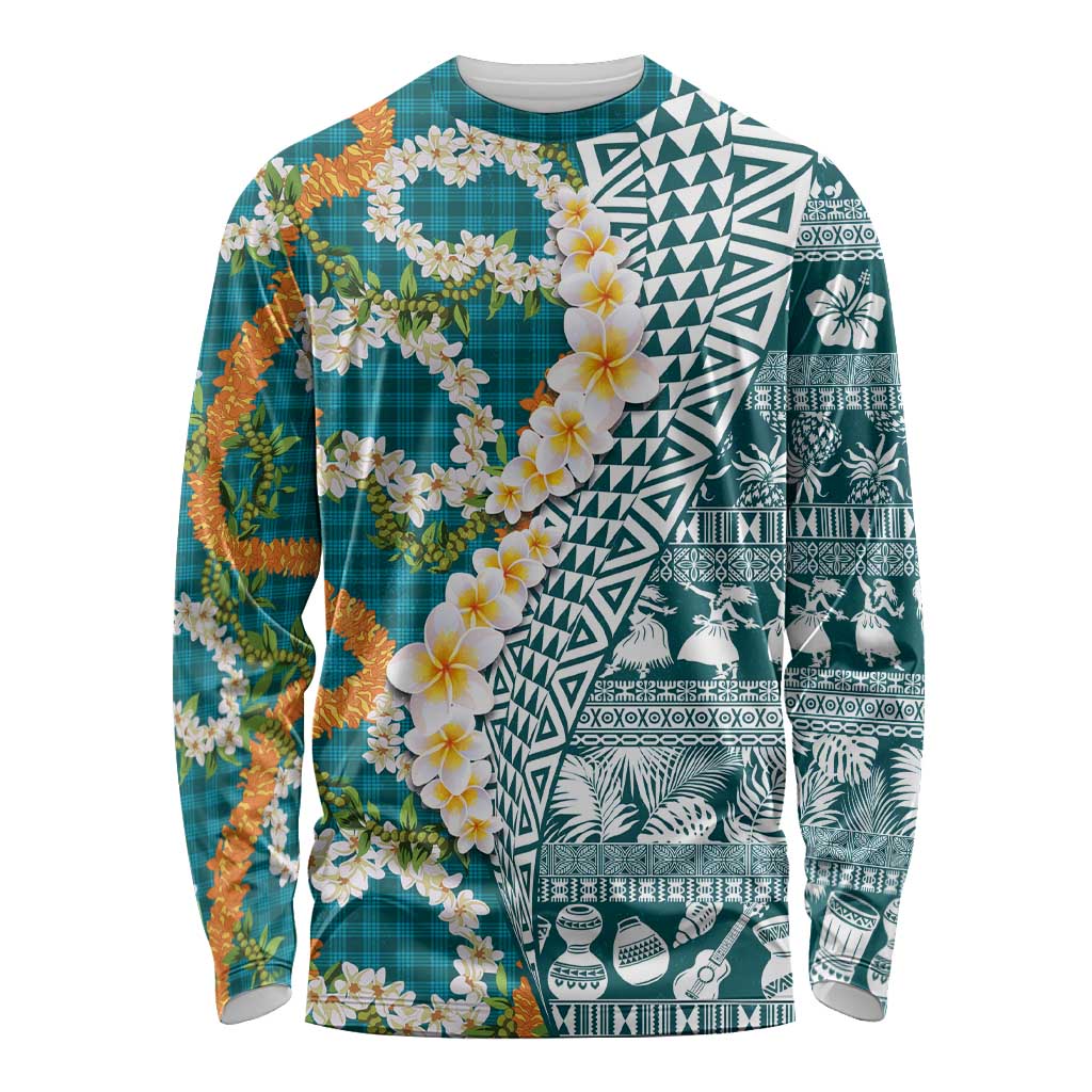 Hawaiian Plumeria Lei Long Sleeve Shirt Kakau Motifs and Palaka Half Style Turquoise Color - Polynesian Pride