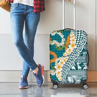 Hawaiian Plumeria Lei Luggage Cover Kakau Motifs and Palaka Half Style Turquoise Color - Polynesian Pride