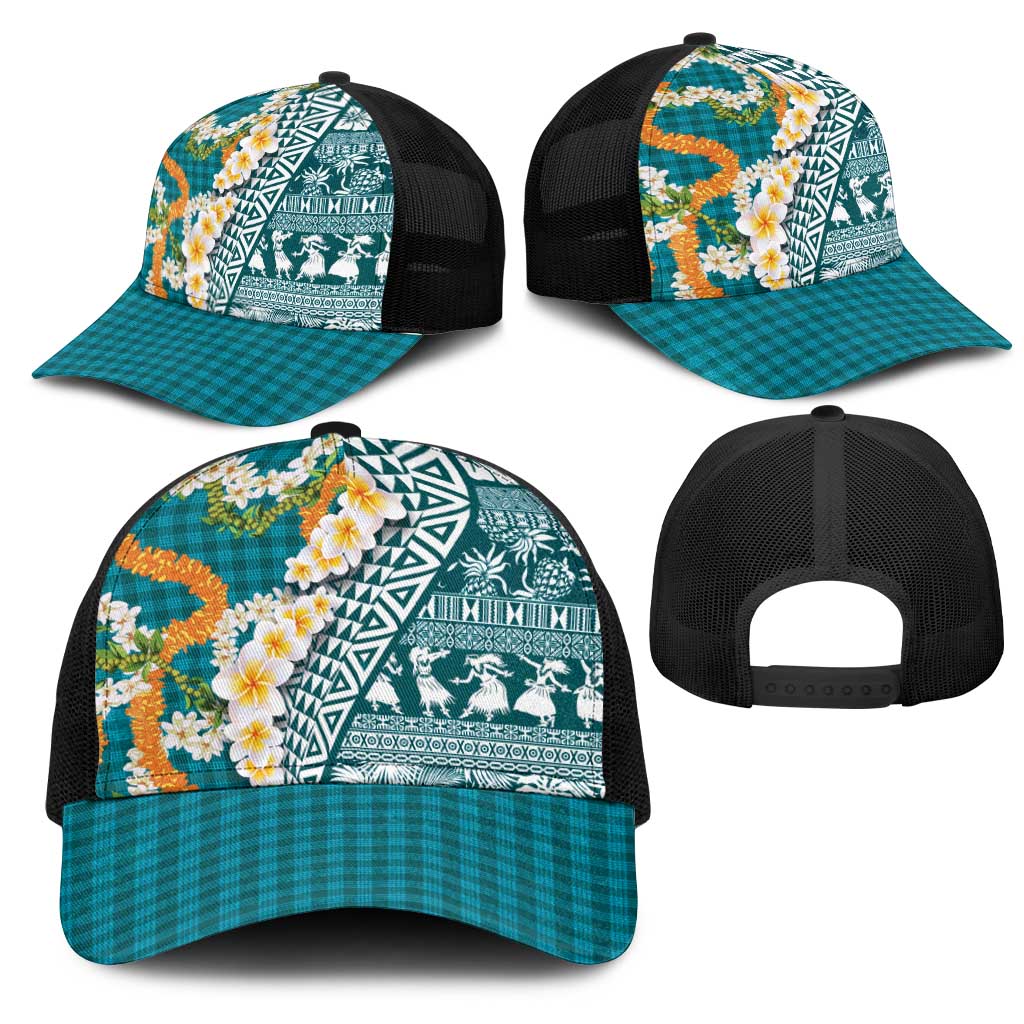 Hawaiian Plumeria Lei Mesh Trucker Cap Kakau Motifs and Palaka Half Style Turquoise Color - Polynesian Pride