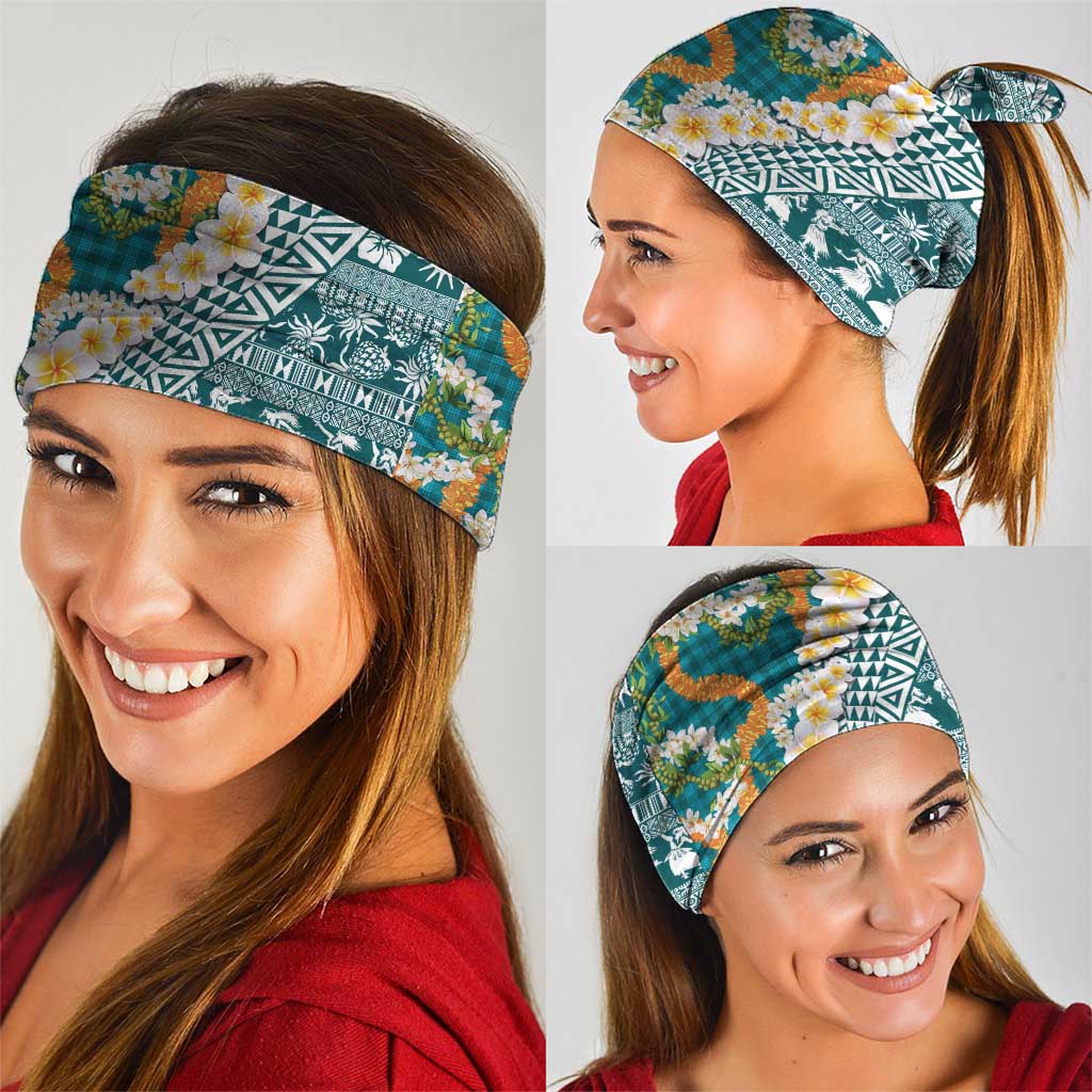 Hawaiian Plumeria Lei Neck Gaiter Kakau Motifs and Palaka Half Style Turquoise Color - Polynesian Pride