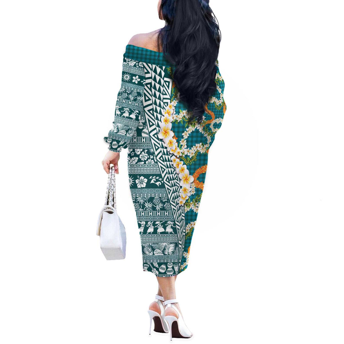 Hawaiian Plumeria Lei Off The Shoulder Long Sleeve Dress Kakau Motifs and Palaka Half Style Turquoise Color LT03 - Polynesian Pride