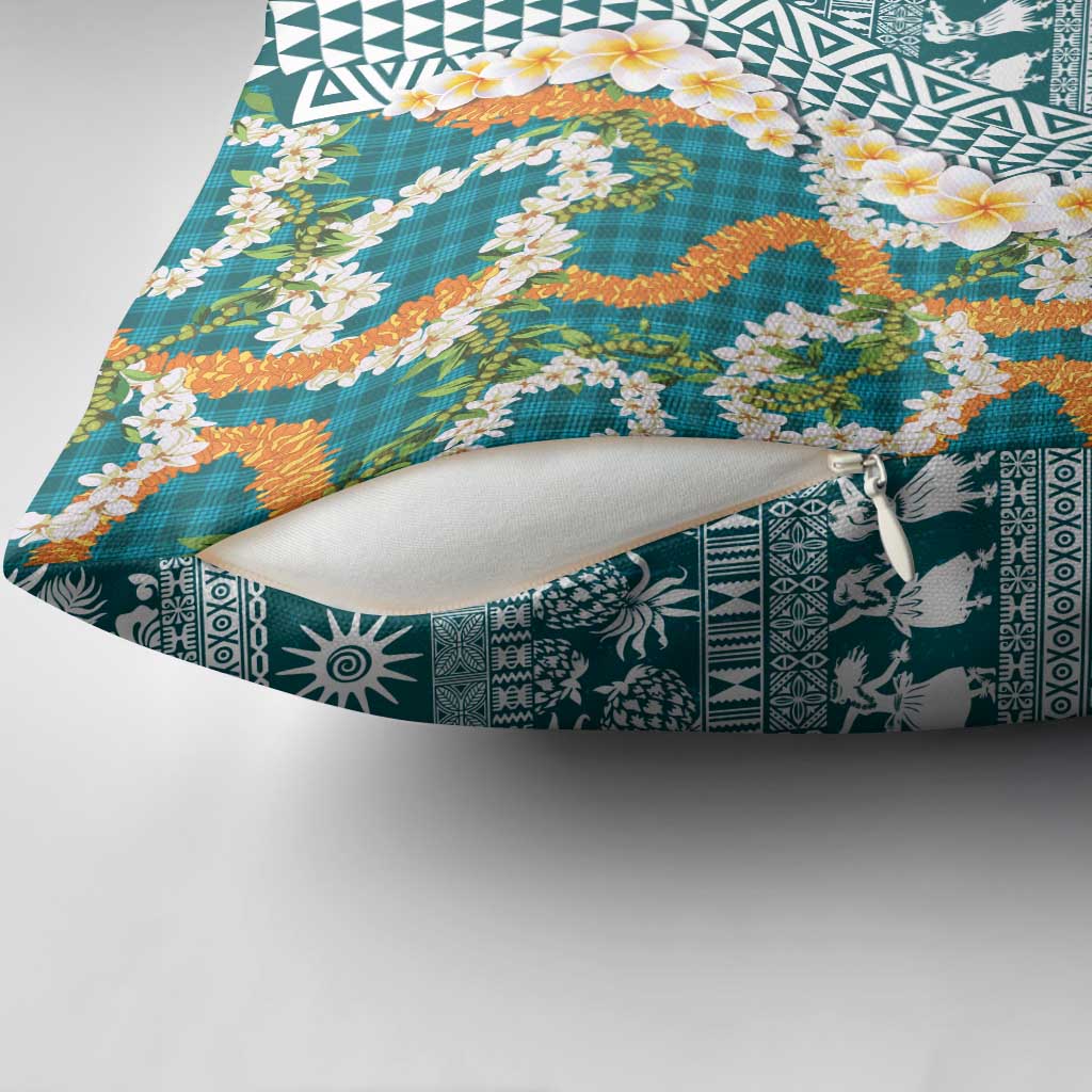 Hawaiian Plumeria Lei Pillow Cover Kakau Motifs and Palaka Half Style Turquoise Color - Polynesian Pride