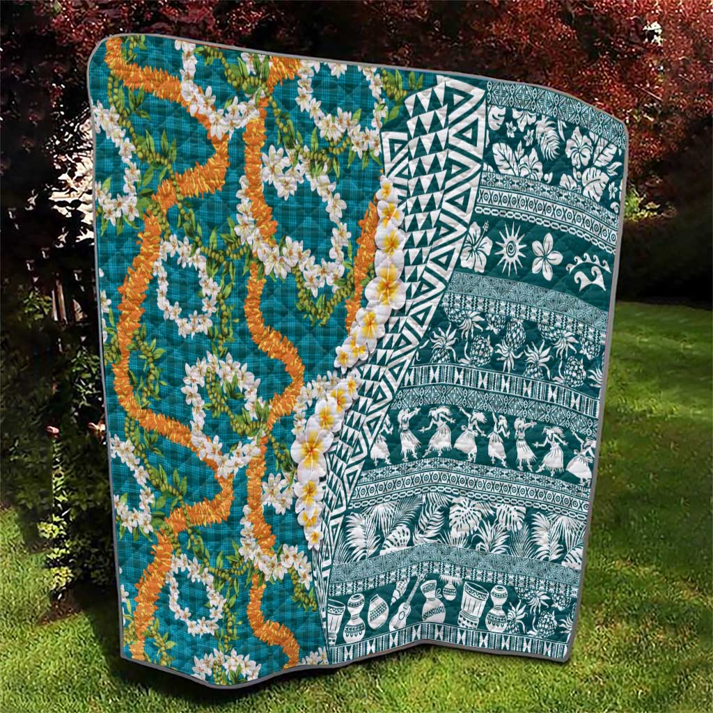 Hawaiian Plumeria Lei Quilt Kakau Motifs and Palaka Half Style Turquoise Color - Polynesian Pride