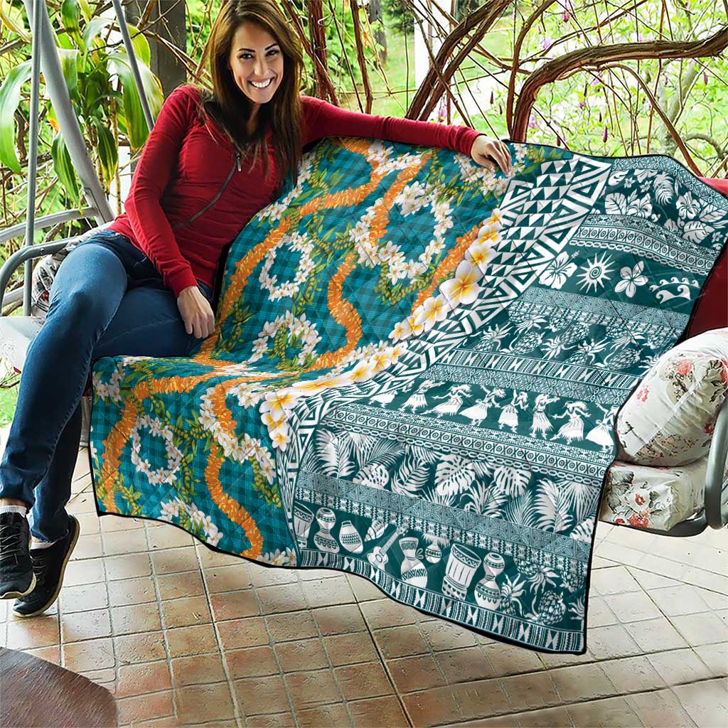 Hawaiian Plumeria Lei Quilt Kakau Motifs and Palaka Half Style Turquoise Color - Polynesian Pride