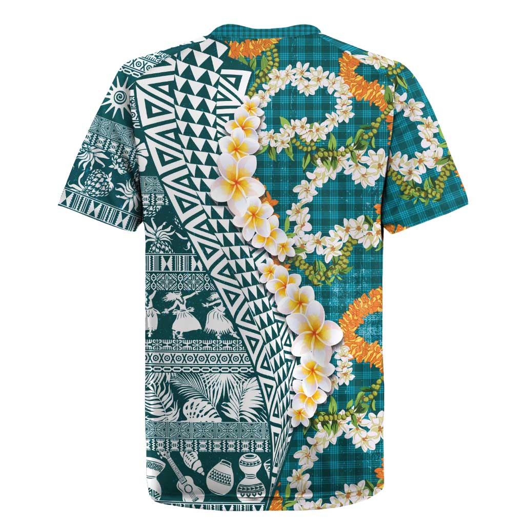 Hawaiian Plumeria Lei Rugby Jersey Kakau Motifs and Palaka Half Style Turquoise Color - Polynesian Pride
