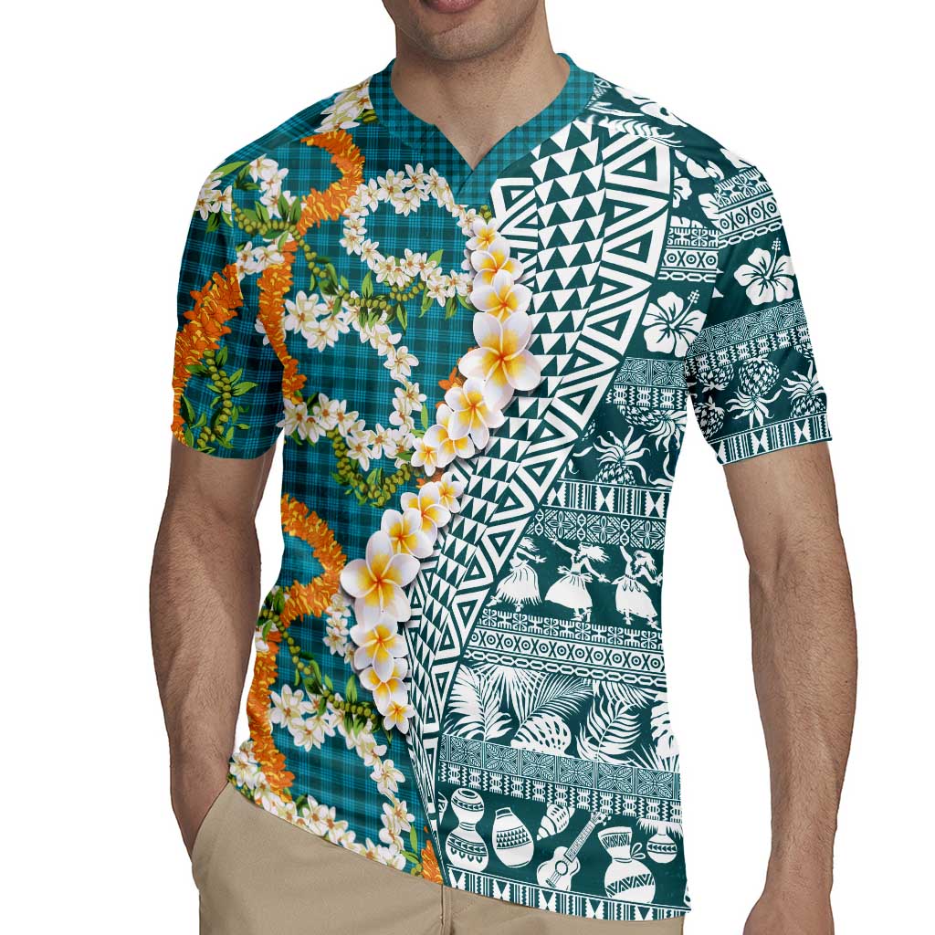 Hawaiian Plumeria Lei Rugby Jersey Kakau Motifs and Palaka Half Style Turquoise Color - Polynesian Pride