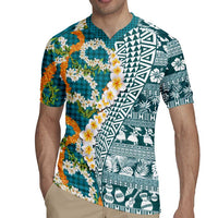 Hawaiian Plumeria Lei Rugby Jersey Kakau Motifs and Palaka Half Style Turquoise Color - Polynesian Pride