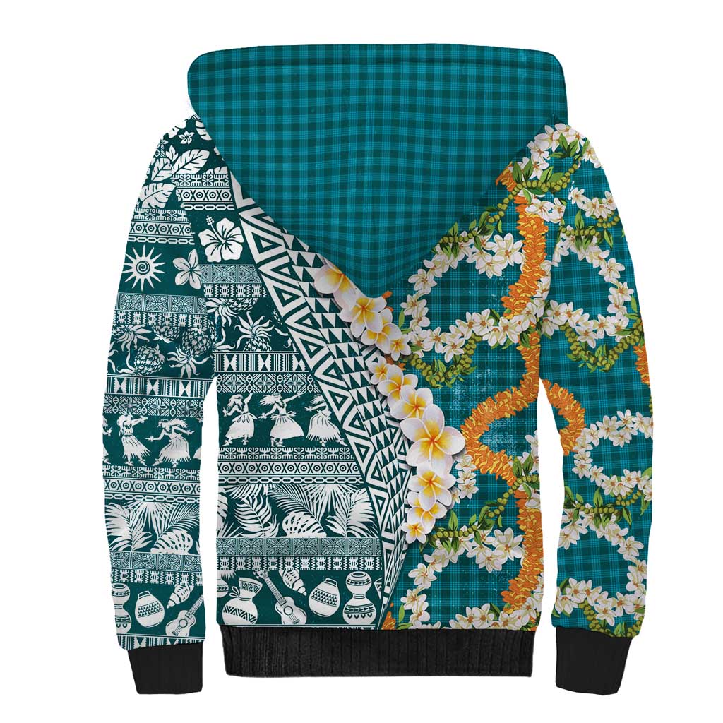 Hawaiian Plumeria Lei Sherpa Hoodie Kakau Motifs and Palaka Half Style Turquoise Color LT03 - Polynesian Pride