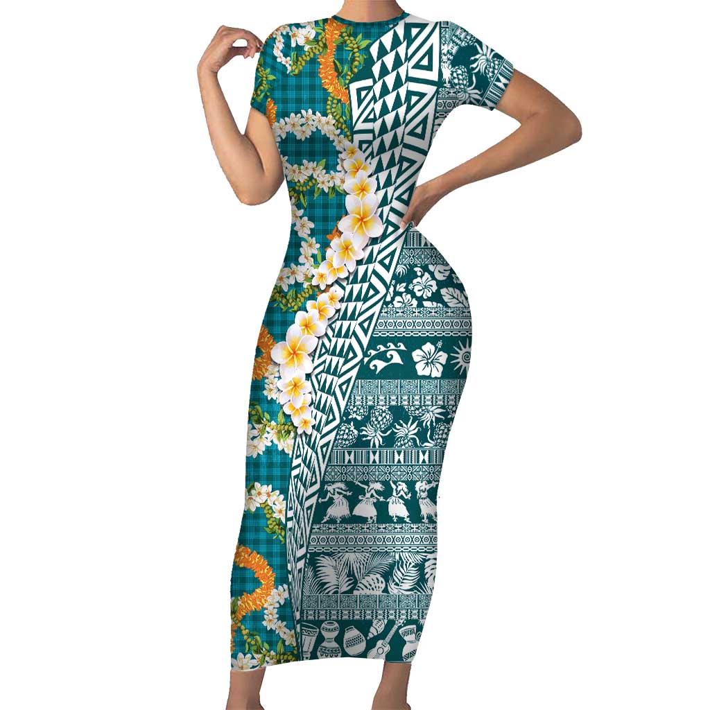Hawaiian Plumeria Lei Short Sleeve Bodycon Dress Kakau Motifs and Palaka Half Style Turquoise Color LT03 Long Dress Turquoise - Polynesian Pride