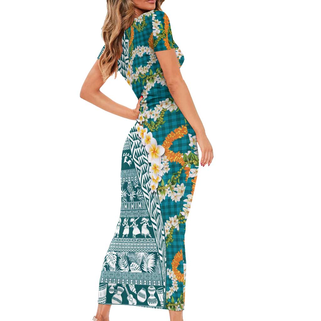 Hawaiian Plumeria Lei Short Sleeve Bodycon Dress Kakau Motifs and Palaka Half Style Turquoise Color LT03 - Polynesian Pride