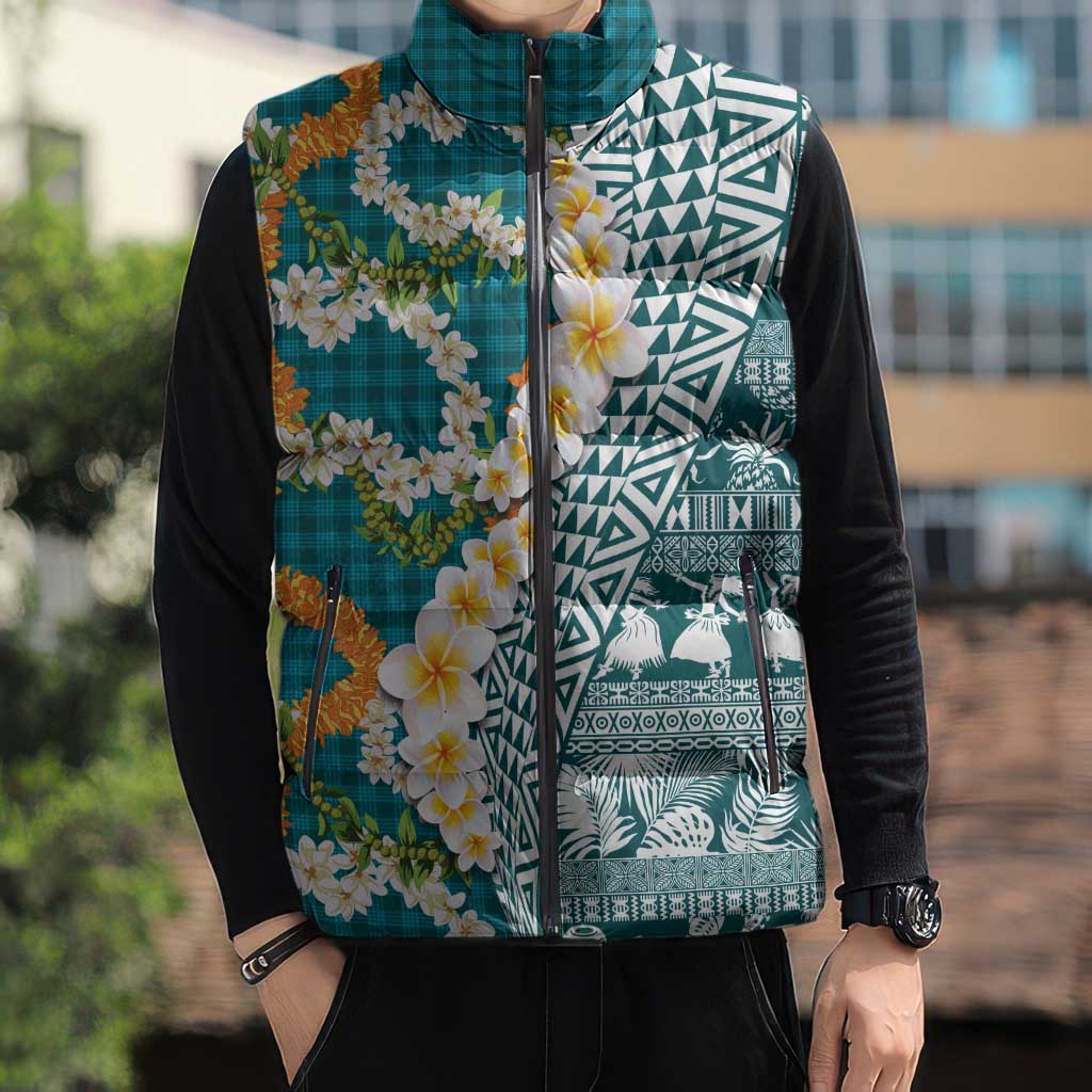 Hawaiian Plumeria Lei Sleeveless Puffer Jacket Kakau Motifs and Palaka Half Style Turquoise Color - Polynesian Pride