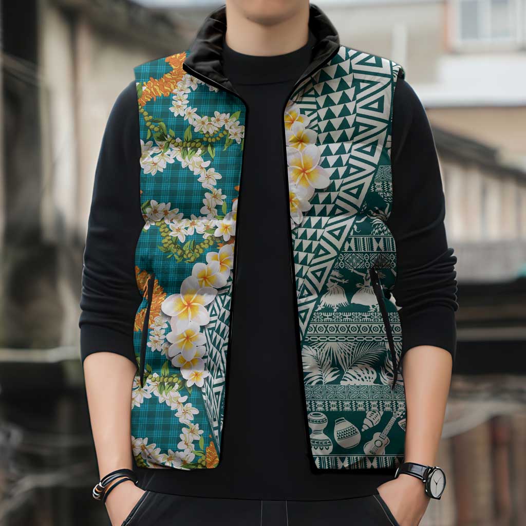Hawaiian Plumeria Lei Sleeveless Puffer Jacket Kakau Motifs and Palaka Half Style Turquoise Color - Polynesian Pride