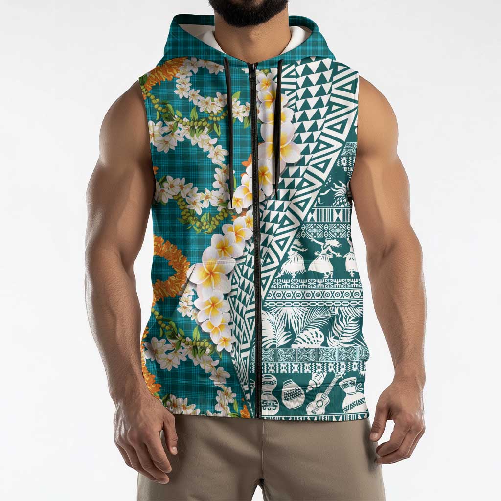 Hawaiian Plumeria Lei Sleeveless Zip Hoodie Kakau Motifs and Palaka Half Style Turquoise Color LT03 - Polynesian Pride
