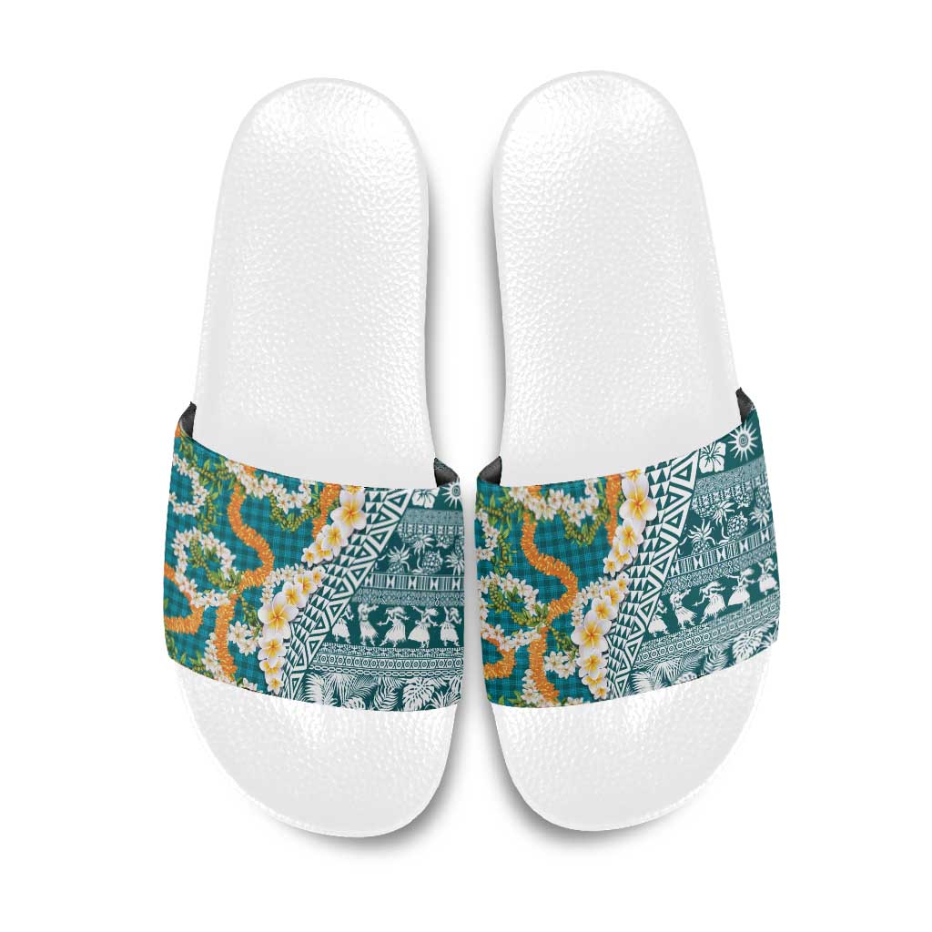 Hawaiian Plumeria Lei Slide Sandals Kakau Motifs and Palaka Half Style Turquoise Color - Polynesian Pride
