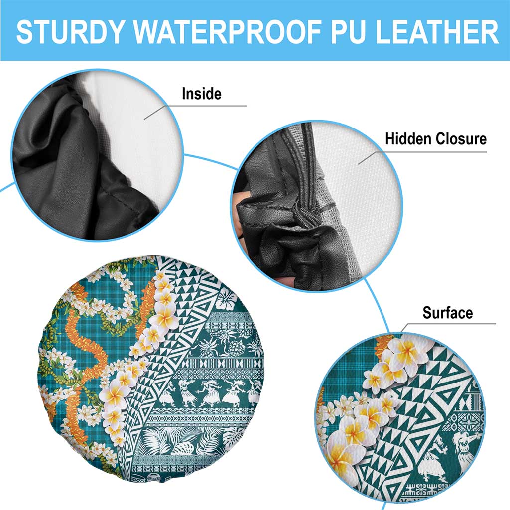 Hawaiian Plumeria Lei Spare Tire Cover Kakau Motifs and Palaka Half Style Turquoise Color - Polynesian Pride