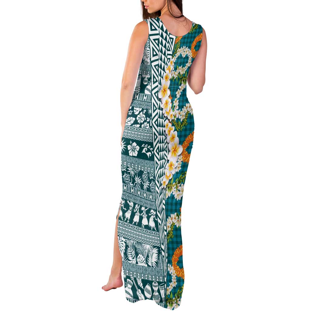 Hawaiian Plumeria Lei Tank Maxi Dress Kakau Motifs and Palaka Half Style Turquoise Color - Polynesian Pride