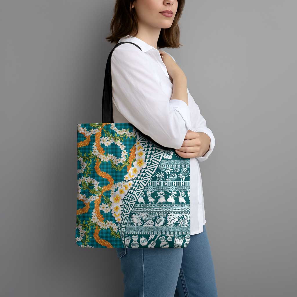 Hawaiian Plumeria Lei Tote Bag Kakau Motifs and Palaka Half Style Turquoise Color - Polynesian Pride