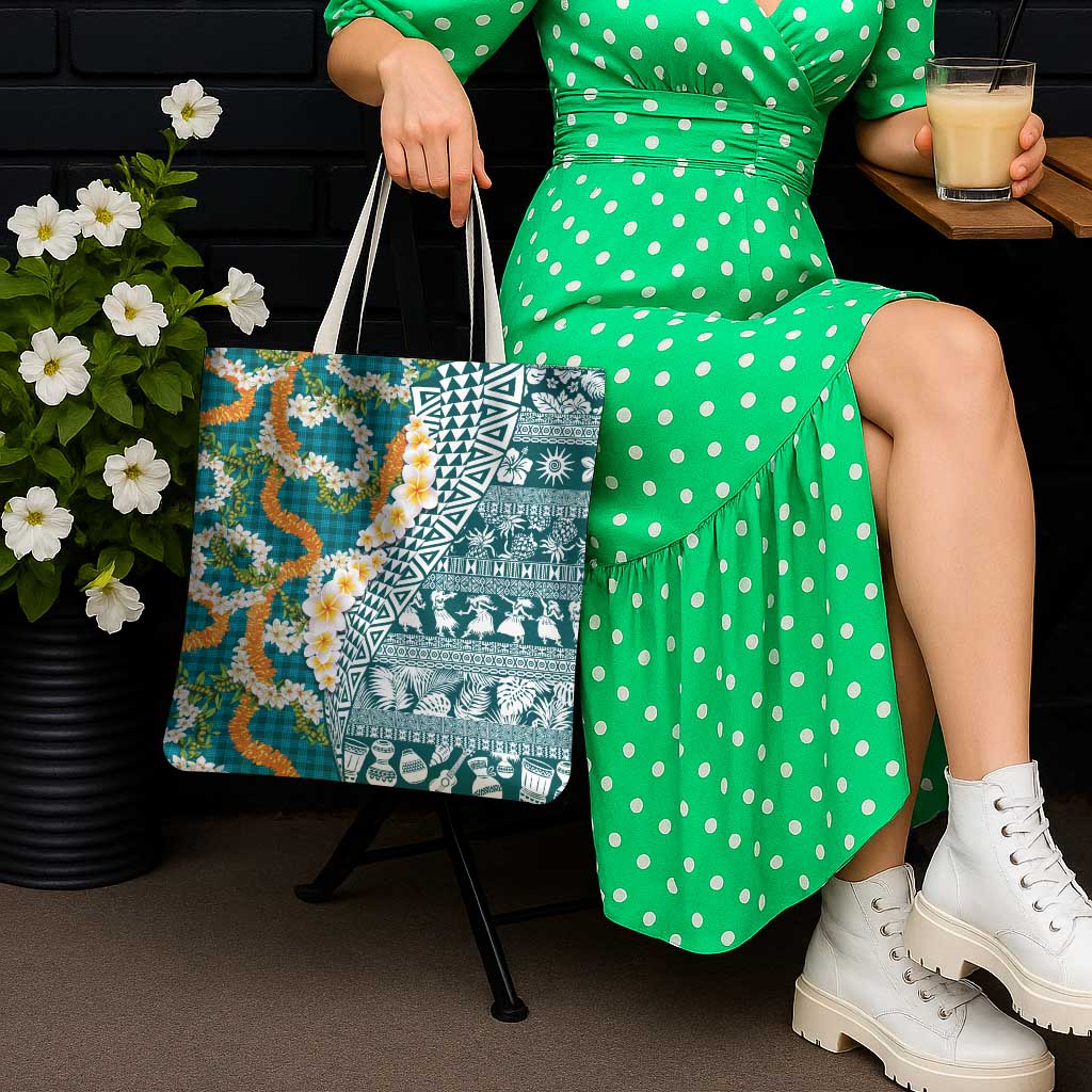 Hawaiian Plumeria Lei Tote Bag Kakau Motifs and Palaka Half Style Turquoise Color - Polynesian Pride