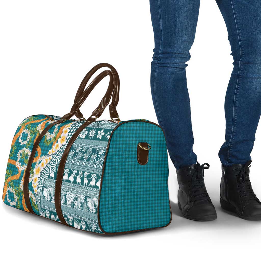 Hawaiian Plumeria Lei Travel Bag Kakau Motifs and Palaka Half Style Turquoise Color - Polynesian Pride