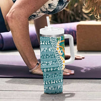 Hawaiian Plumeria Lei Tumbler With Handle Kakau Motifs and Palaka Half Style Turquoise Color - Polynesian Pride