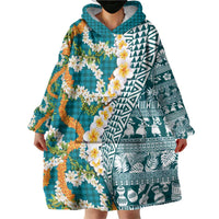 Hawaiian Plumeria Lei Wearable Blanket Hoodie Kakau Motifs and Palaka Half Style Turquoise Color LT03 - Polynesian Pride