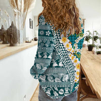 Hawaiian Plumeria Lei Women Casual Shirt Kakau Motifs and Palaka Half Style Turquoise Color LT03 - Polynesian Pride
