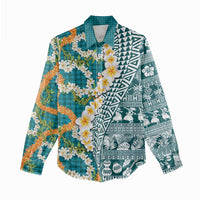 Hawaiian Plumeria Lei Women Casual Shirt Kakau Motifs and Palaka Half Style Turquoise Color LT03 - Polynesian Pride