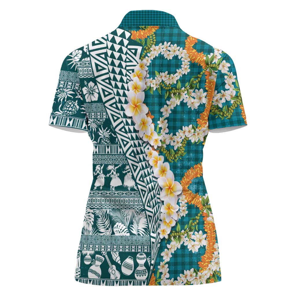 Hawaiian Plumeria Lei Women Polo Shirt Kakau Motifs and Palaka Half Style Turquoise Color LT03 - Polynesian Pride